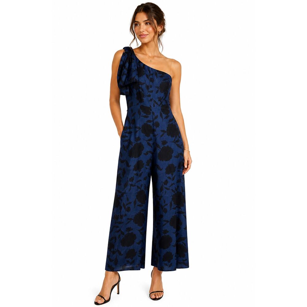 Kate Spade x Target One Shoulder Floral Jumpsuit Blue Black Linen Blend Size 6